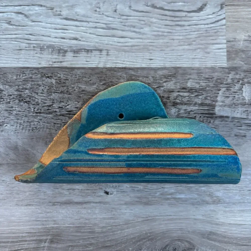 Handmade Studio Pottery Turquoise Ceramic Wall Pocket Vase Sculpture